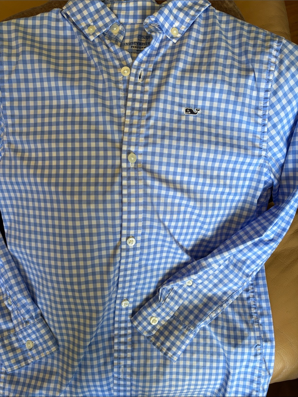 Vineyard Vines Light Blue and White Gingham Button-Down Shirt